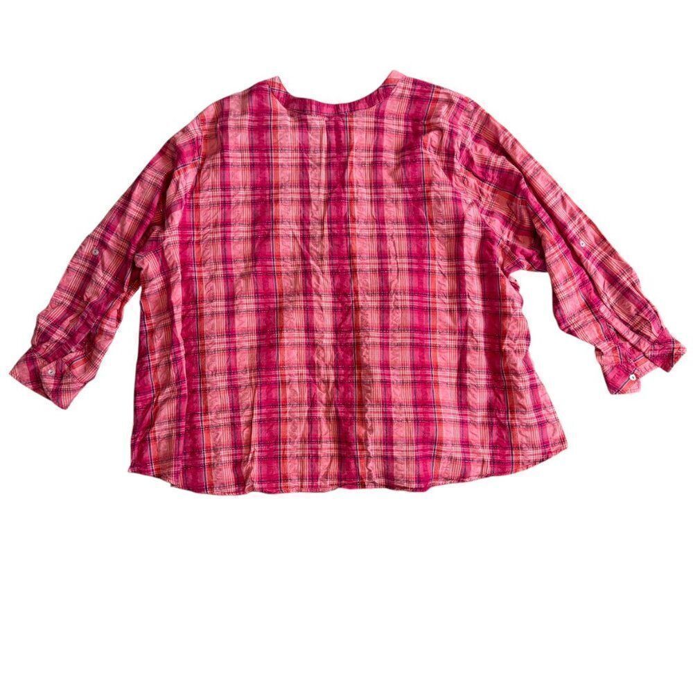 Catherine's Pink Plaid Top Womens Plus 3X Seersucker Long Sleeve Half Button - Picture 7 of 8